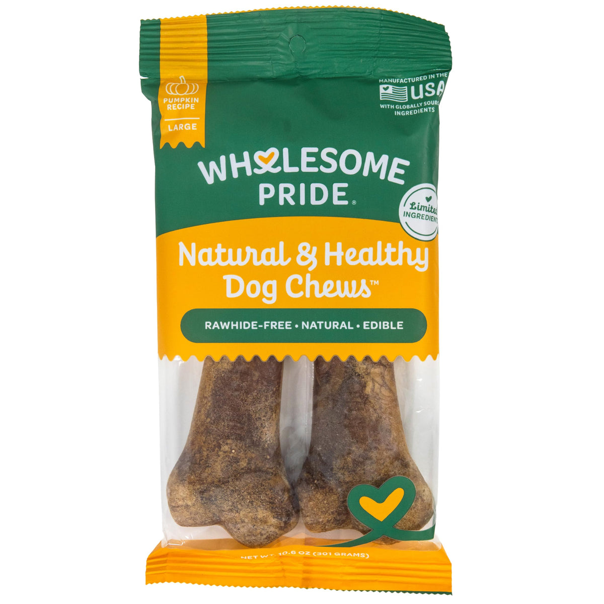 Wholesome Pride calabaza masticables frente: snack natural para perros grandes.