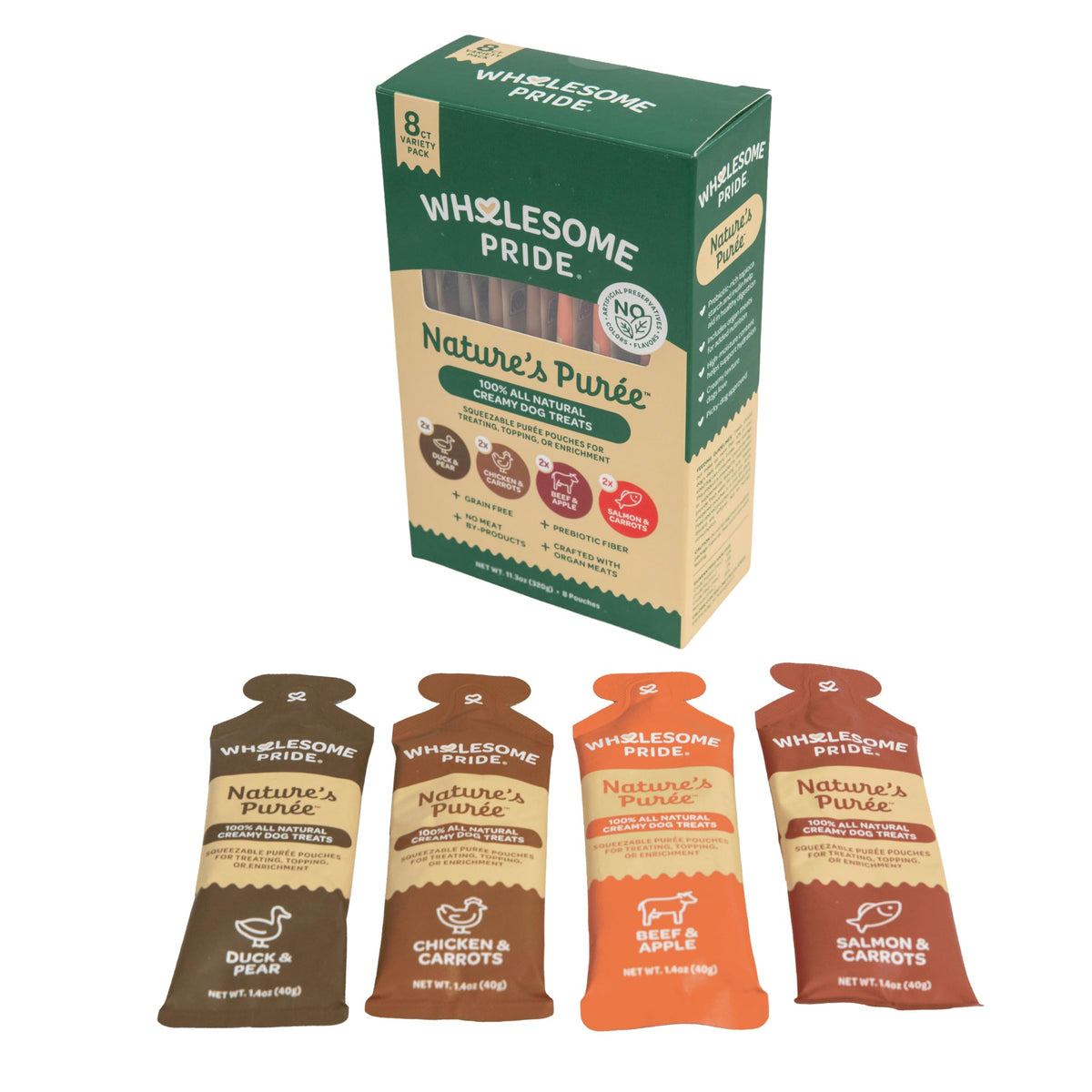 Wholesome Pride Nature’s Purée Salmón y Zanahorias en bolsa, sabor sabroso para lamido.