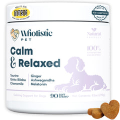 Wholistic Pet Calm & Relaxed, botella con golosinas calmantes para perros.