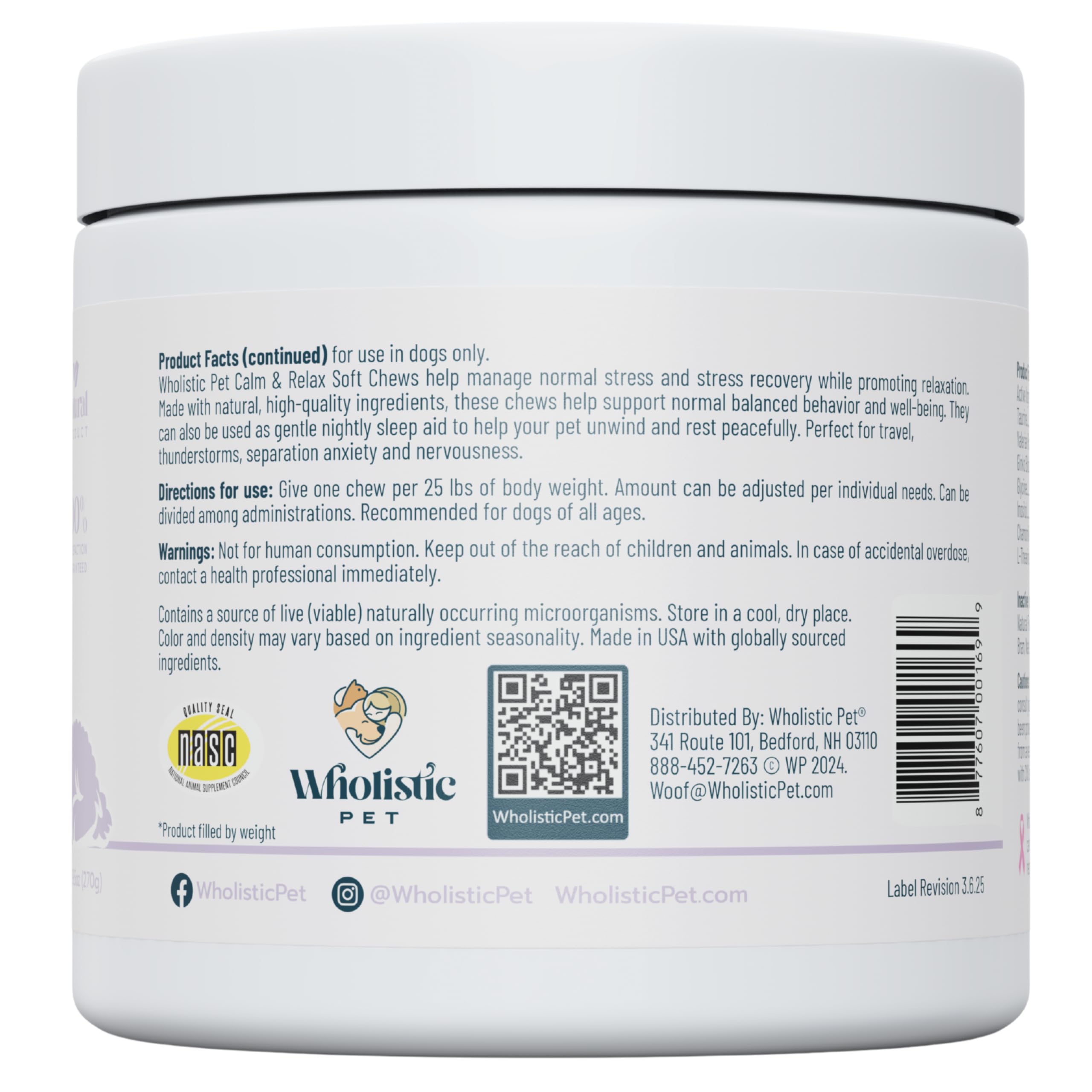 Ingredientes naturales de Wholistic Pet Calm & Relaxed para apoyo suave.