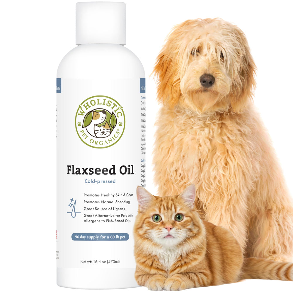 Wholistic Pet Organics aceite linaza para perros y gatos, botella mostrando etiqueta visible para piel sana y pelaje brillante
