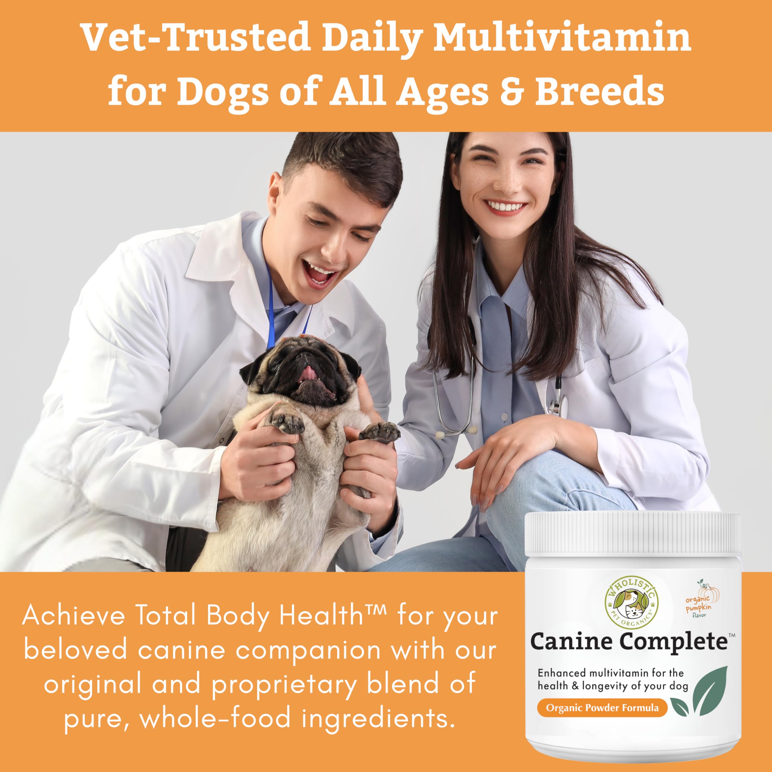 Wholistic Pet Organics Canine Complete apoyo digestivo con probióticos y calabaza.