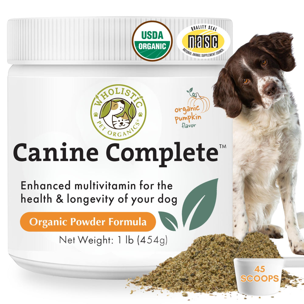 Wholistic Pet Organics Canine Complete polvo en botella para complementar dieta casera.