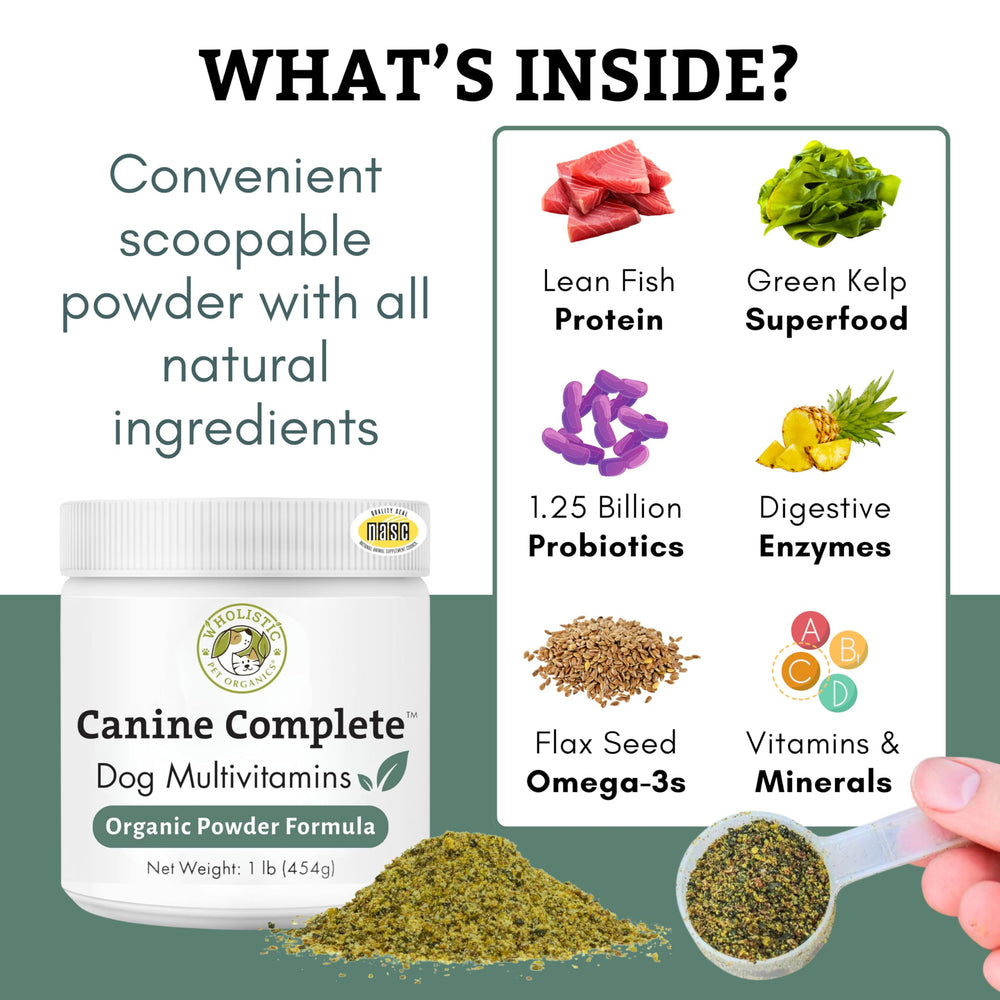 Wholistic Pet Organics Canine Complete probióticos digestivos compatibles con comidas.
