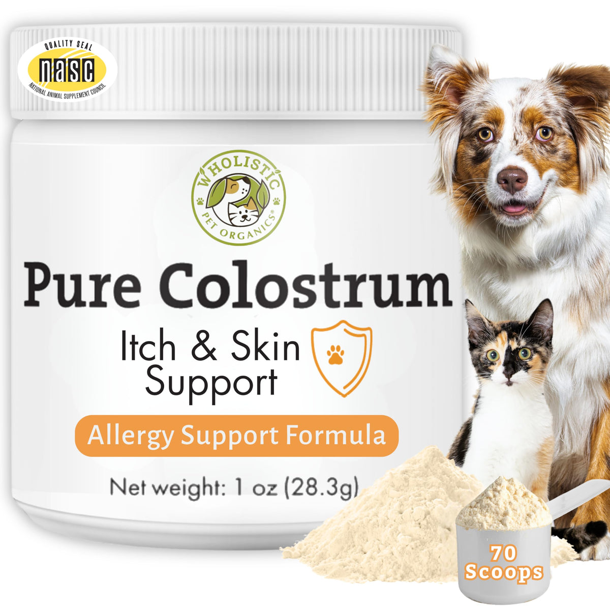 Wholistic Pet Organics Colostro para perros, botella visible, apoyo inmunológico suave.