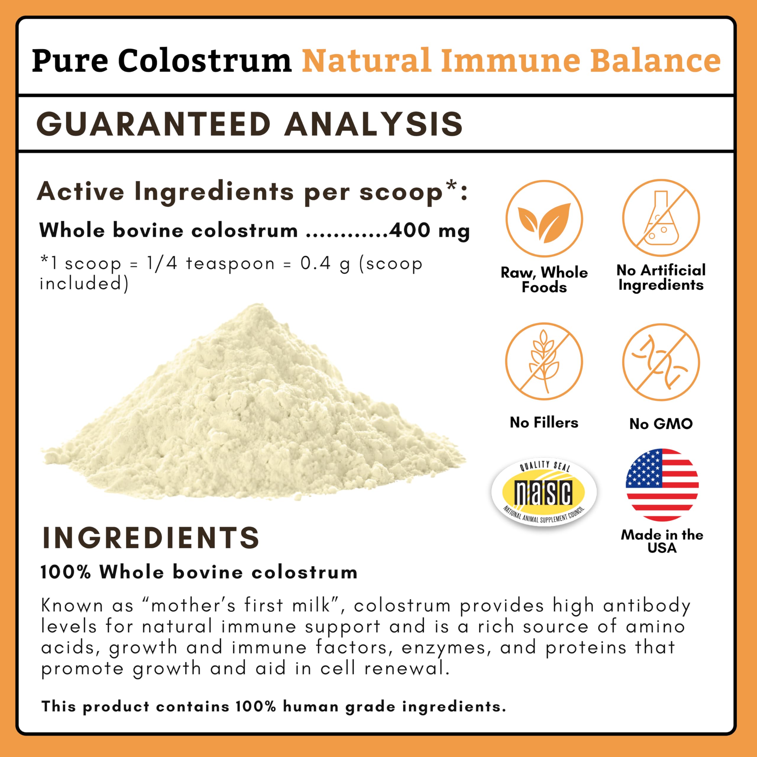 Wholistic Pet Organics Colostrum se mezcla en la comida para apoyar inmunidad y confort diario.