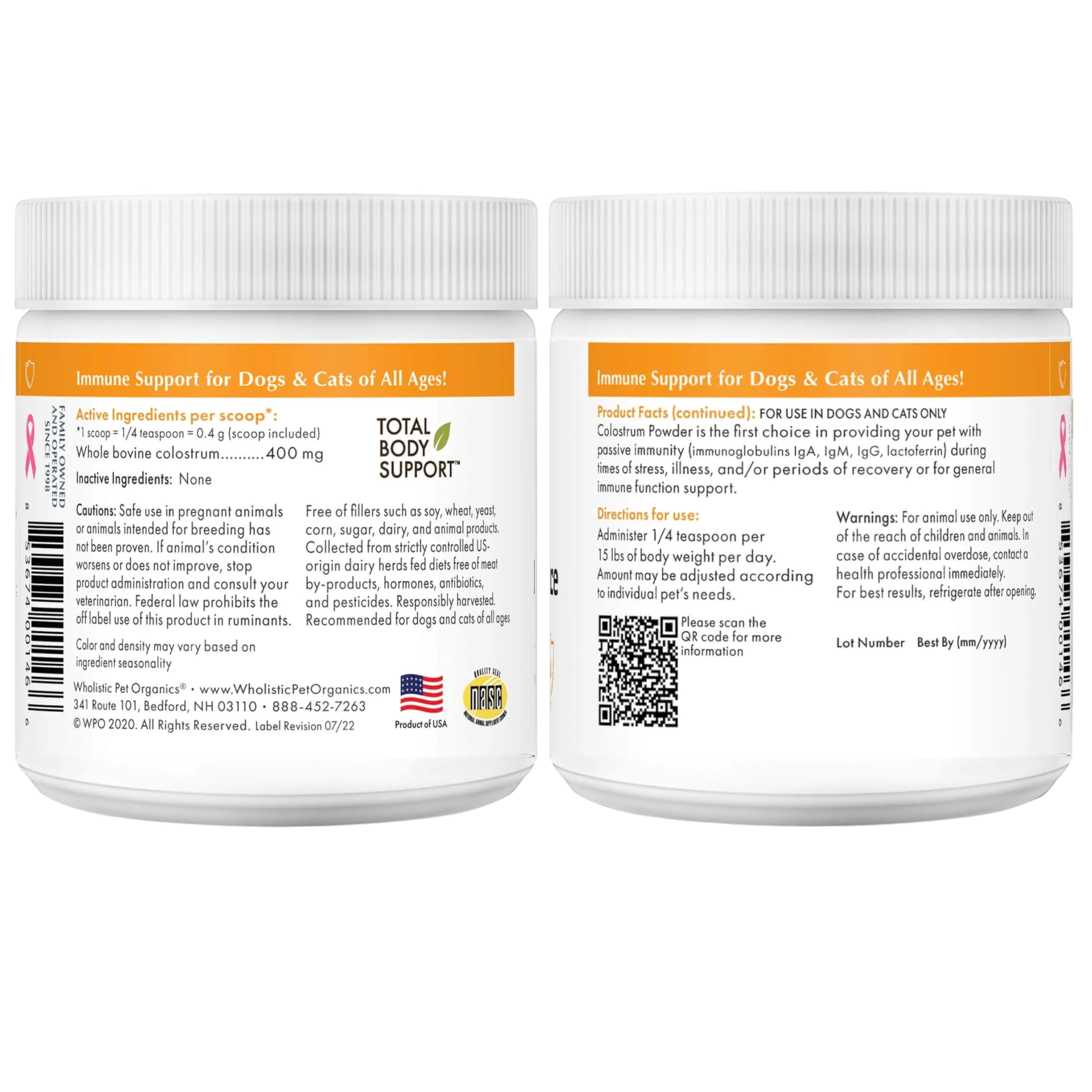 Wholistic Pet Organics Colostrum uso diario para perros y gatos en casa.