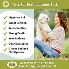 Wholistic Pet Organics Diatomaceous Earth, etiqueta clara con contenido y uso recomendado