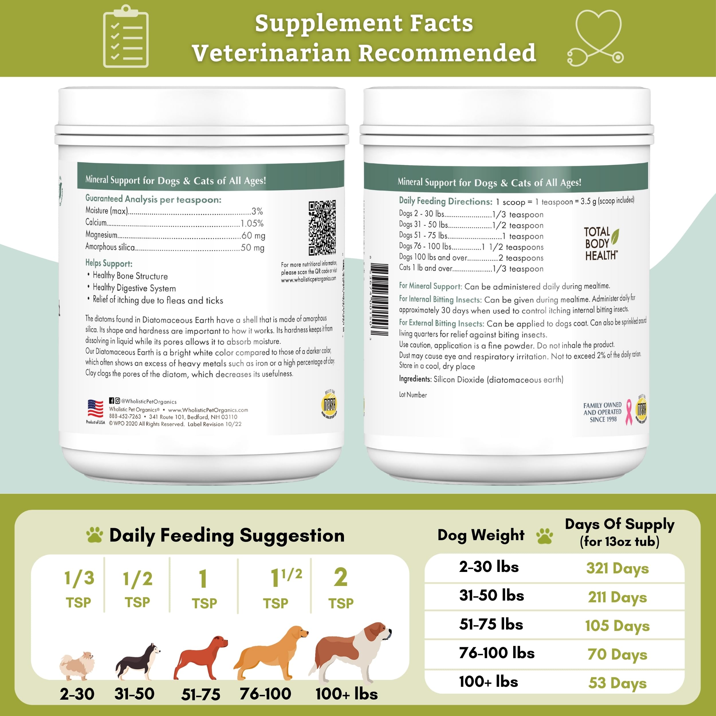Wholistic Pet Organics Diatomaceous Earth, mezcla con alimento para un aporte mineral natural