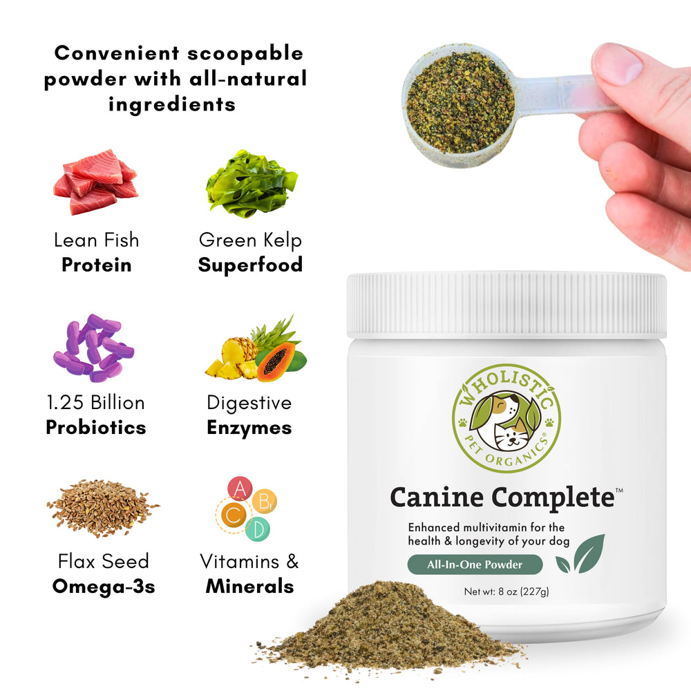 Wholistic Pet Organics Canine Complete, complemento para dietas caseras, mejora nutrición diaria.