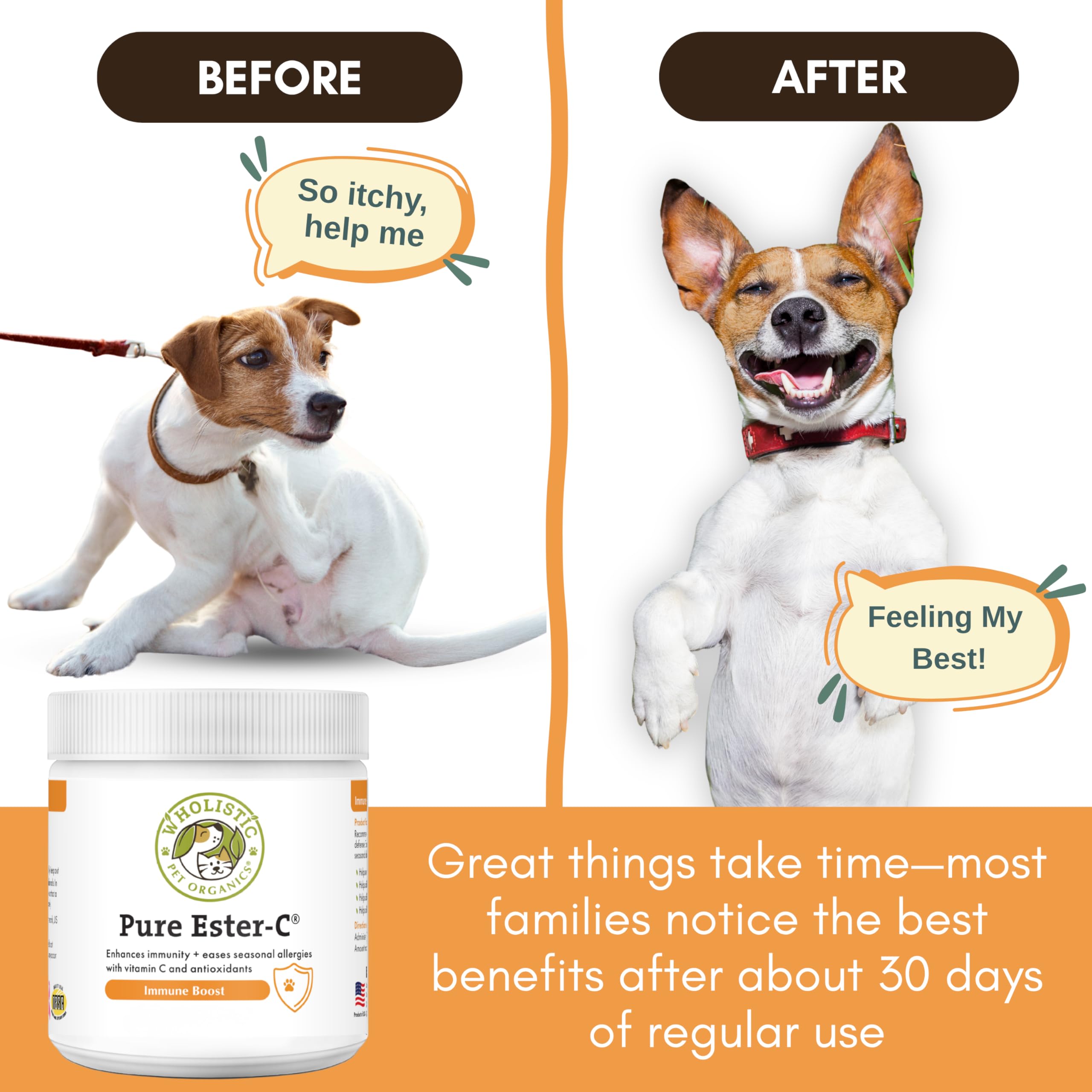 Wholistic Pet Organics Ester-C Powder en envase de 4 onzas para almacenamiento práctico.