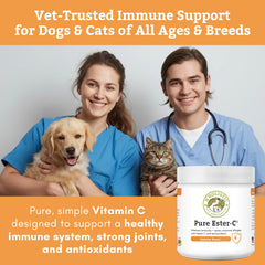 Wholistic Pet Organics Ester-C Powder, dosis medida para mezclar con comida diaria.