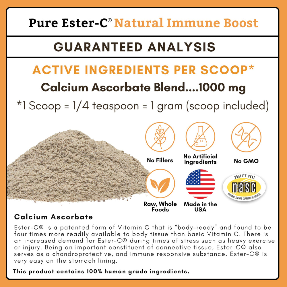 Wholistic Pet Organics Ester-C Powder, mezcla fácil con alimento para pelaje saludable.