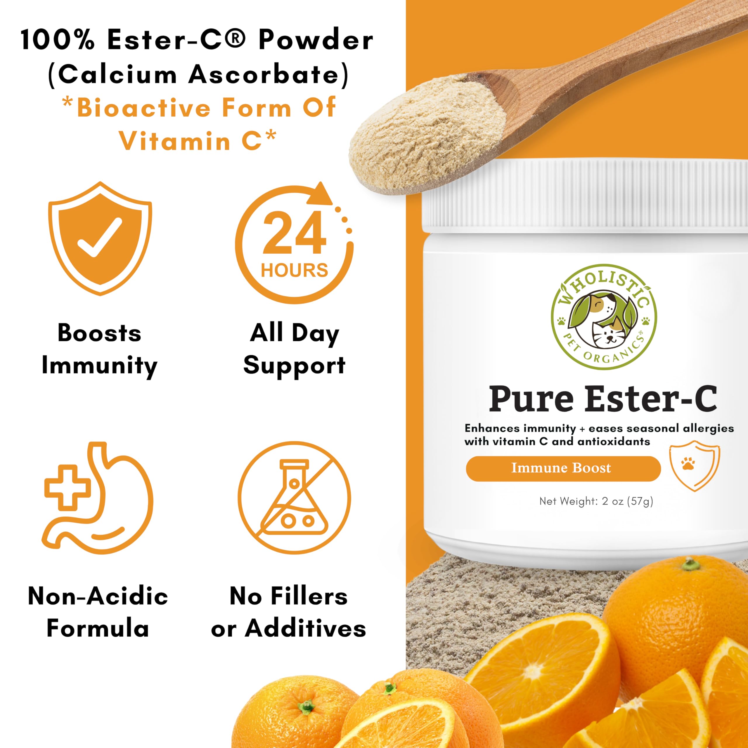 Wholistic Pet Organics Ester-C Powder, apto para todas las edades de perros y gatos.
