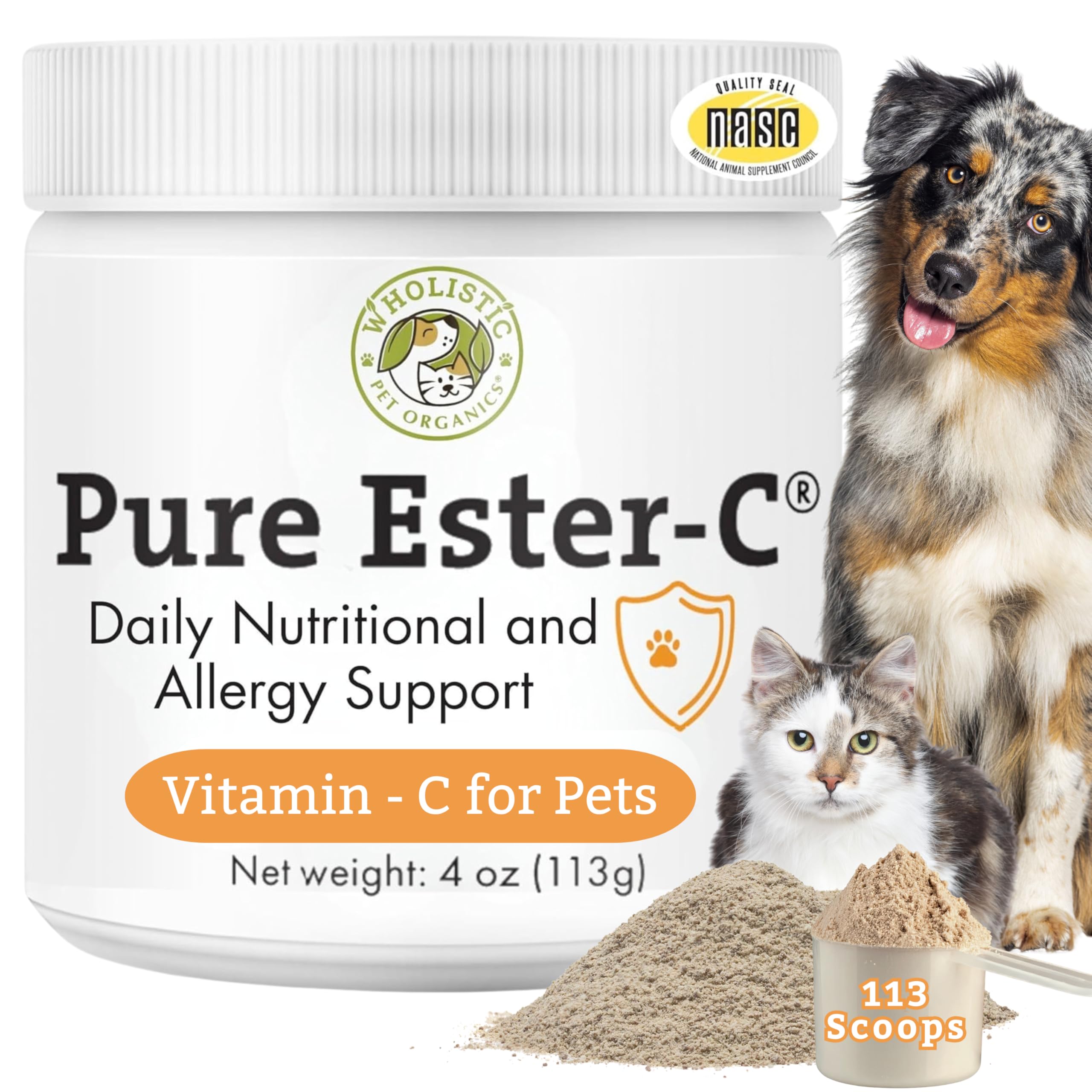 Wholistic Pet Organics Ester-C Powder para perros y gatos, posible apoyo inmunológico.