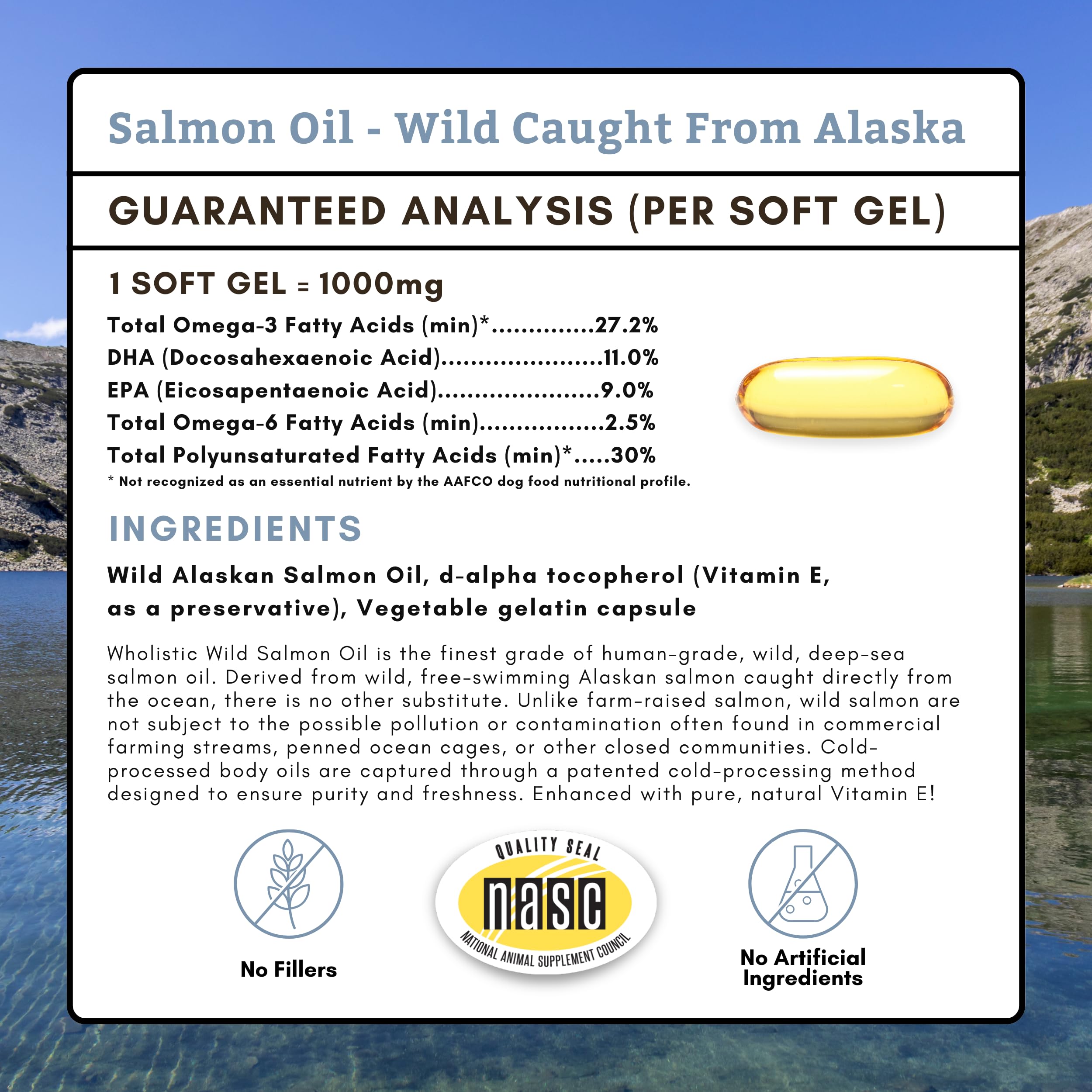 etiqueta frontal Wholistic Pet Organics con información de Omega 3