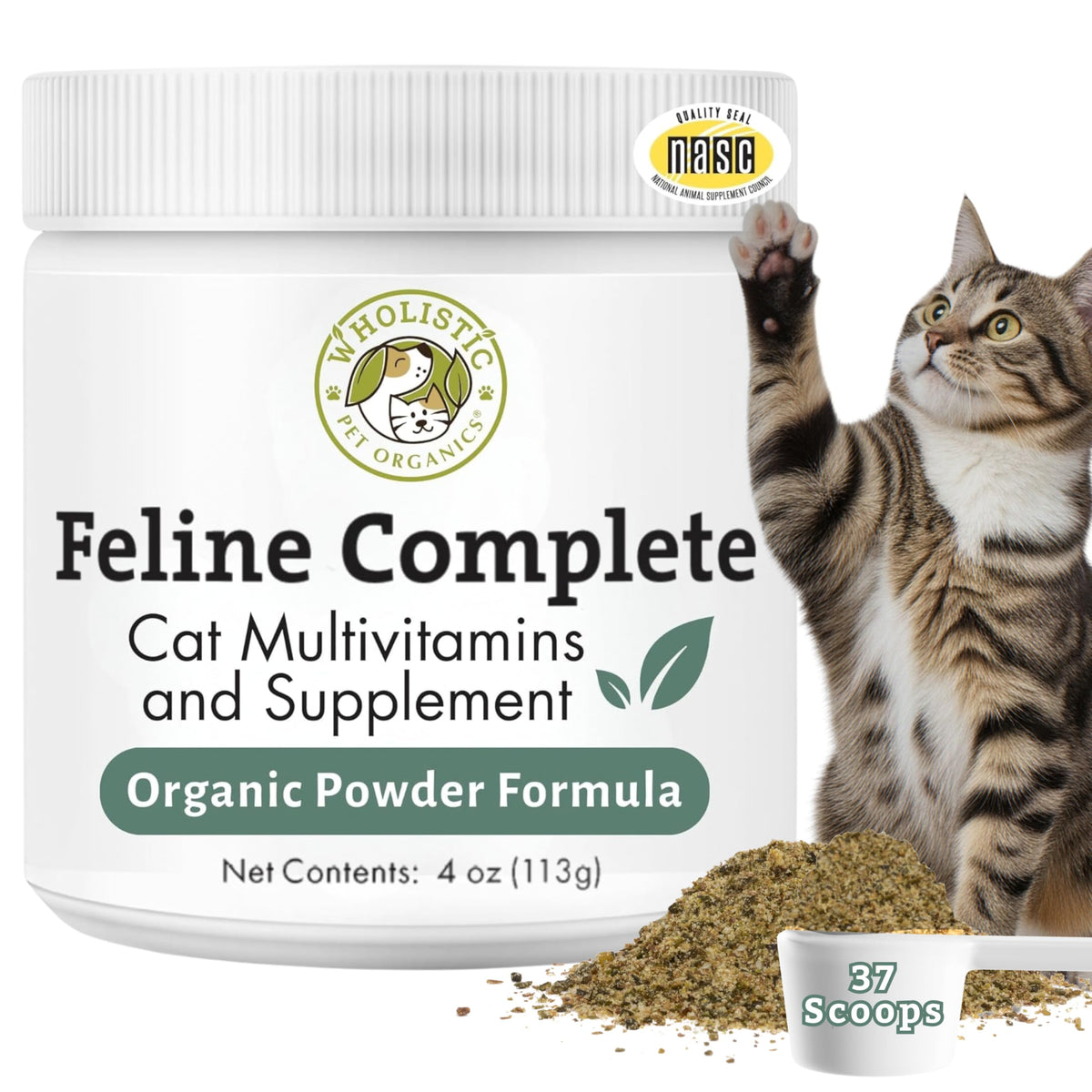Wholistic Pet Organics Feline Complete, bote del producto para uso diario y almacenamiento práctico.
