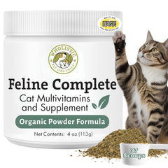 Wholistic Pet Organics Feline Complete, bote del producto para uso diario y almacenamiento práctico.