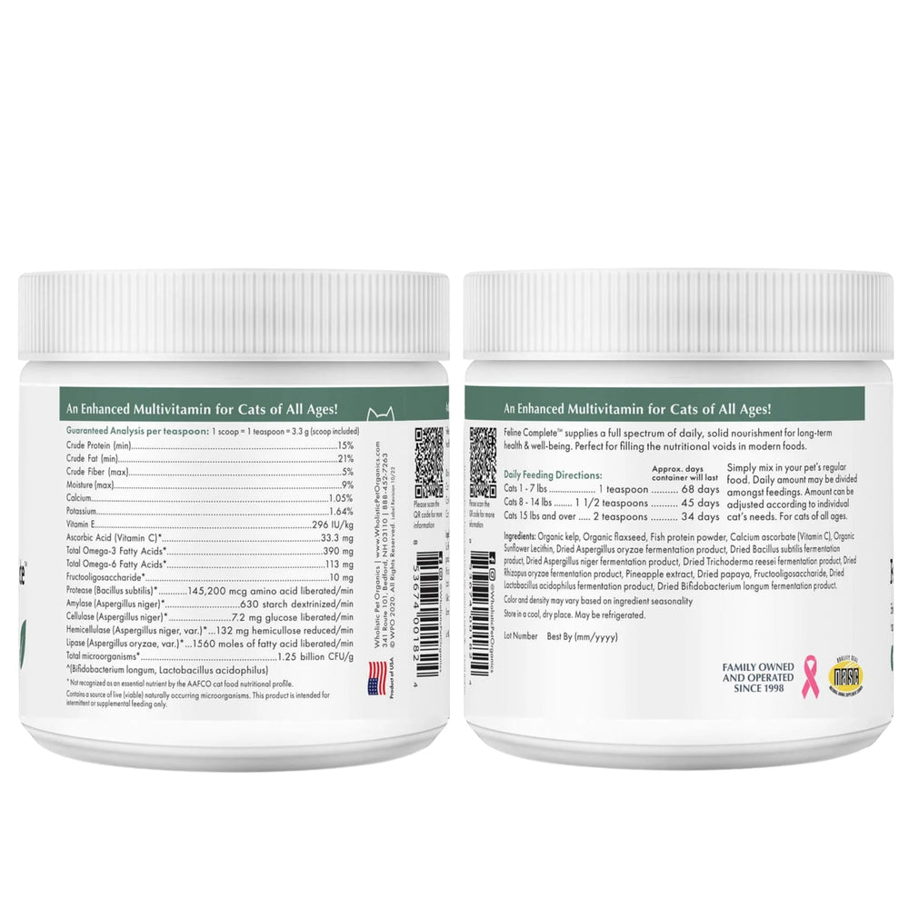 Wholistic Pet Organics Feline Complete, ingredientes naturales para nutrición complementaria