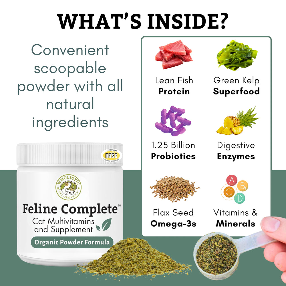 Wholistic Pet Organics Feline Complete, impulso al sistema inmune con vitaminas naturales para gatos.