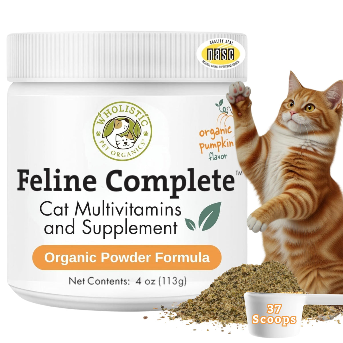 Wholistic Pet Organics Feline Complete Organic Pumpkin, botella-vertido, apoyo digestivo suave para gatos.