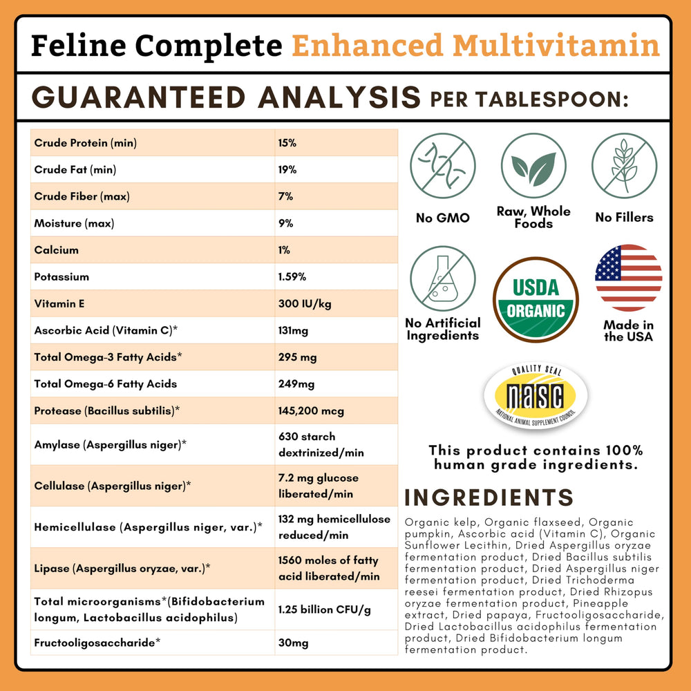 Wholistic Pet Organics Feline Complete Organic Pumpkin, etiqueta-en-escena, envase de muestra de 37 porciones.