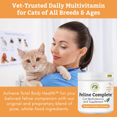 Wholistic Pet Organics Feline Complete Organic Pumpkin, cucharada-medidora, multivitaminas naturales para vitalidad felina.