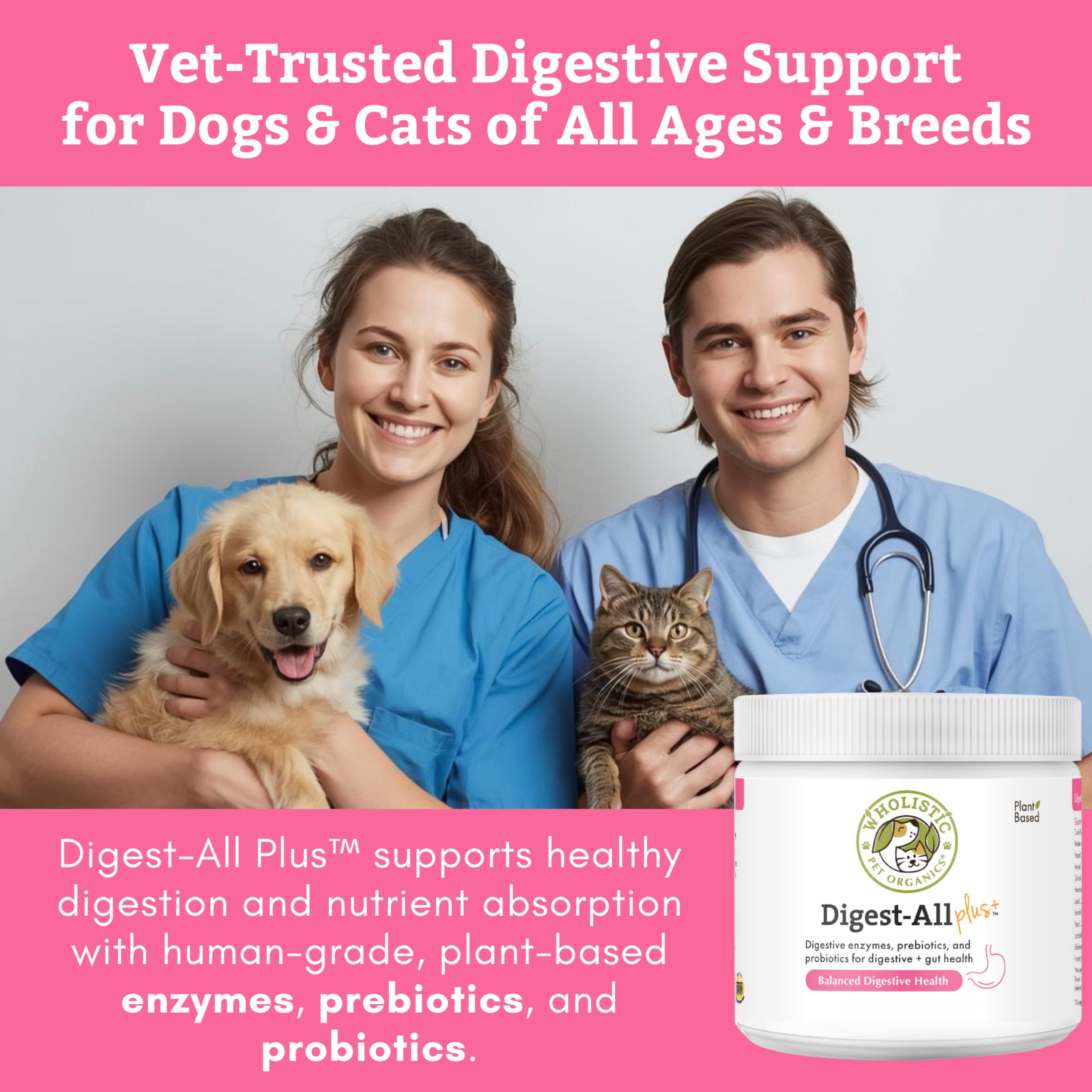 Wholistic Pet Organics probióticos para gatos en envase, equilibrio intestinal.