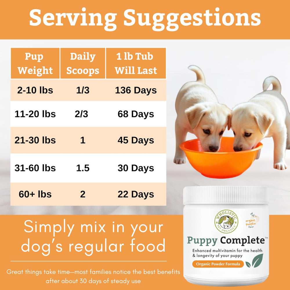 Wholistic Pet Organics Puppy Complete, dosis diaria simple para cachorros activos