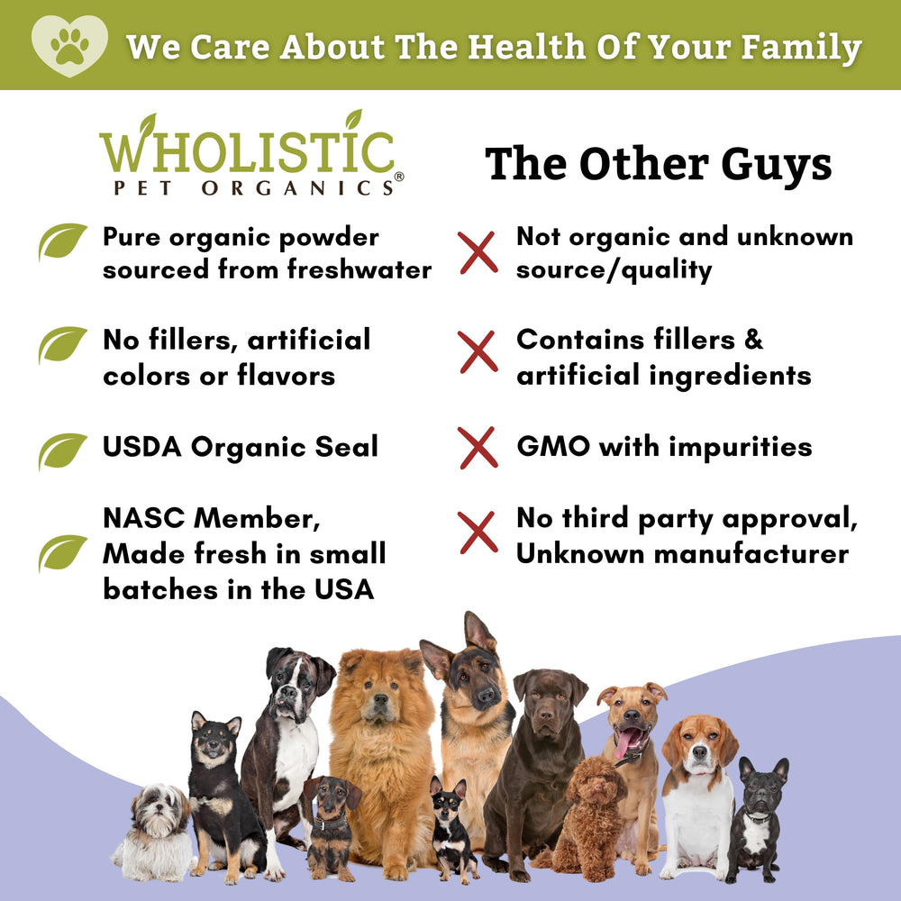 Producto hecho en Estados Unidos con ingredientes orgánicos de Wholistic Pet Organics.