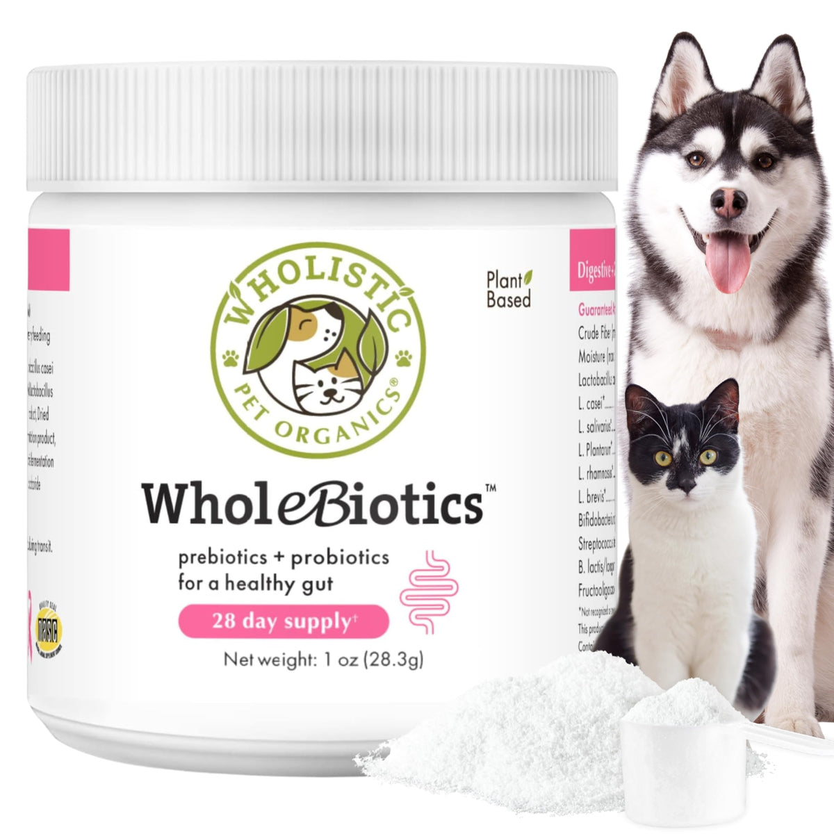 Wholistic Pet Organics WholeBiotics, frasco-dosis-diaria, favorece la digestión en perros.