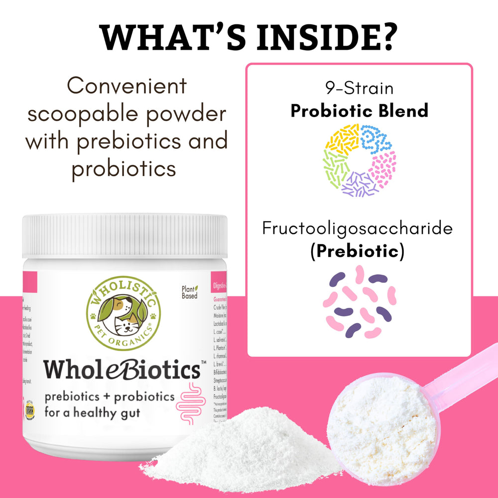 Wholistic Pet Organics WholeBiotics, polvo-para-mezclar-con-alimento, facilidad diaria para mascotas.