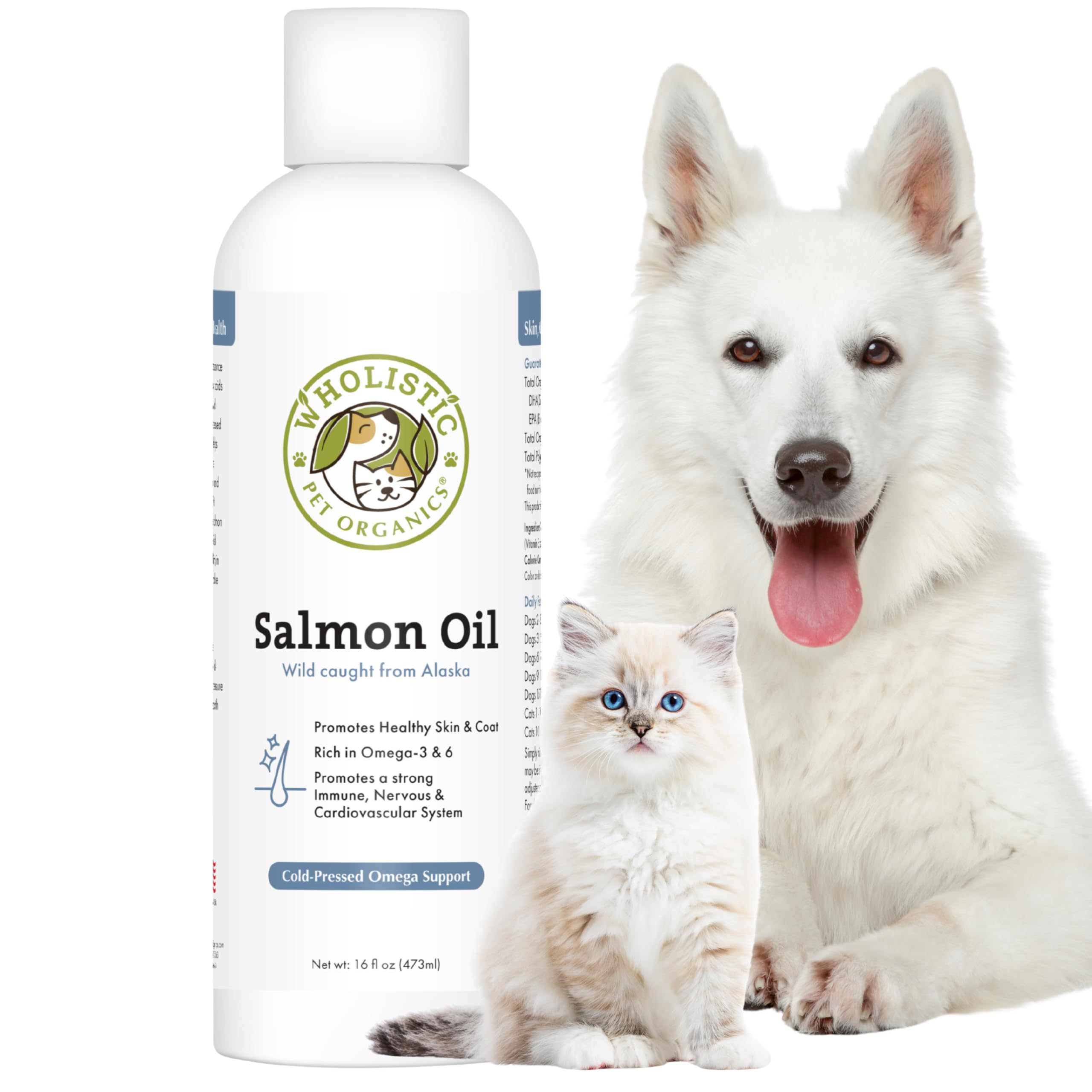 Wholistic Pet Organics Wild Salmon Oil botella mostrando etiqueta; apoyo potencial para piel y pelaje.