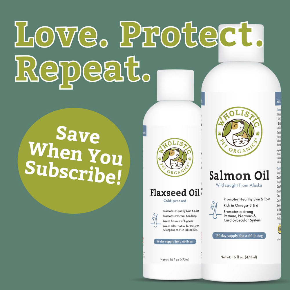 Wholistic Pet Organics Wild Salmon Oil etiqueta en detalle, destacando Omega-3 y DHA para perros y gatos.