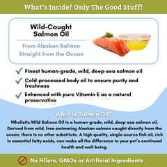 Wholistic Pet Organics Wild Salmon Oil vertido; uso diario para promover pelaje saludable.