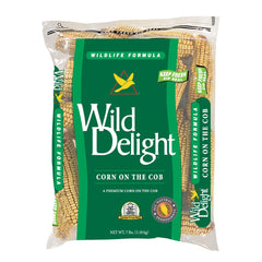 Wild Delight maíz en mazorca para alimentación de aves silvestres, sabor dorado y práctico para el jardín.