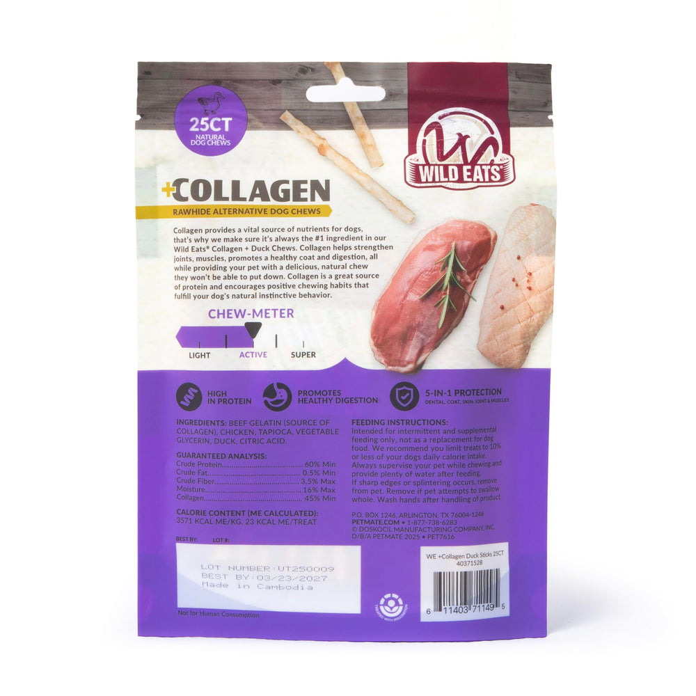Wild Eats bâtonnet-collagene-canard-ingredients-transparents, étiquette claire et analyses garanties.