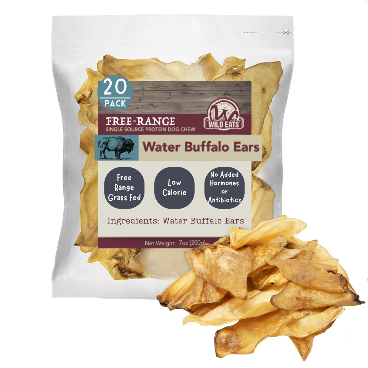 Wild Eats orejas de búfalo naturales para perros, apoyo dental potencial.