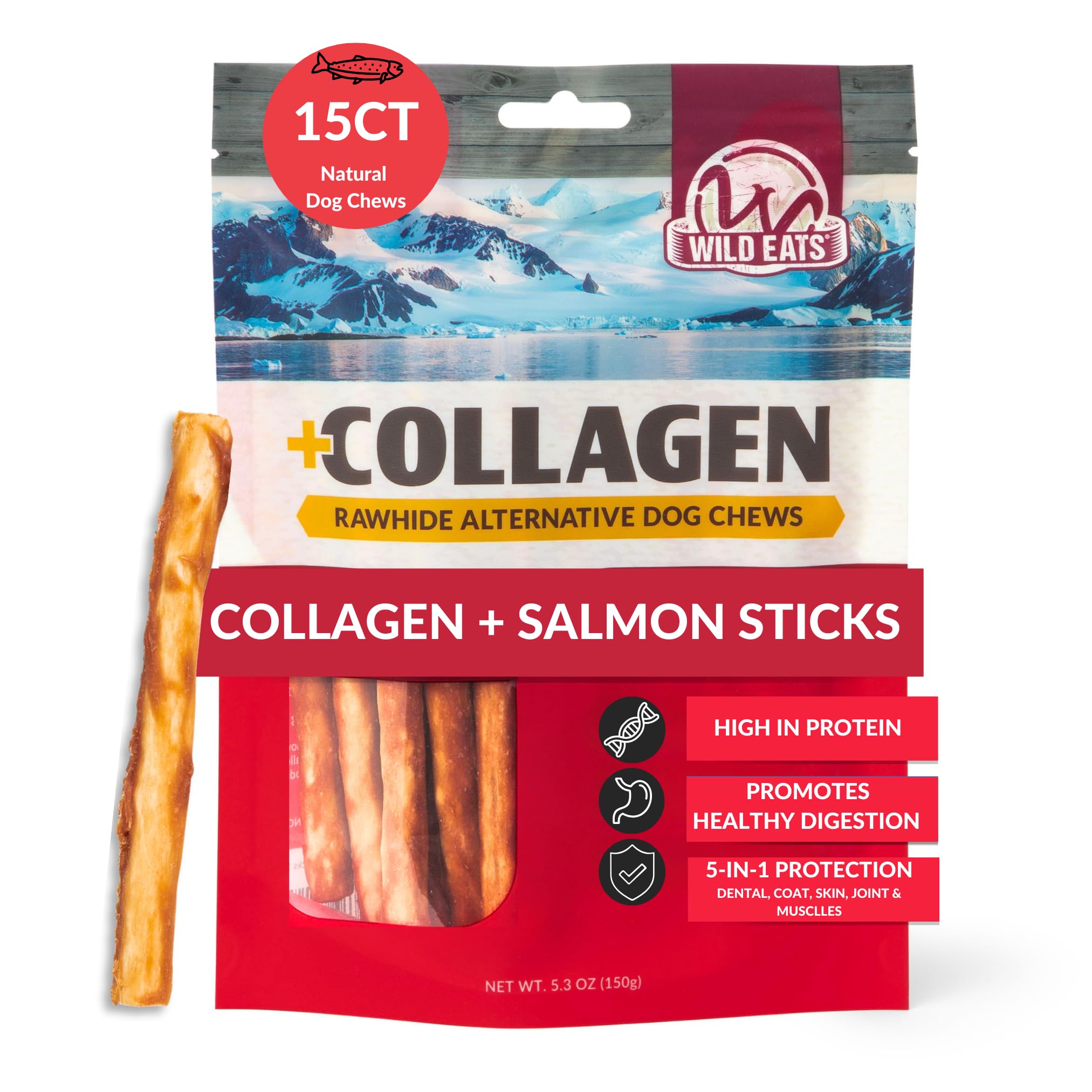 Wild Eats palitos de salmón con colágeno, empaque visible para perros que buscan snack duradero.