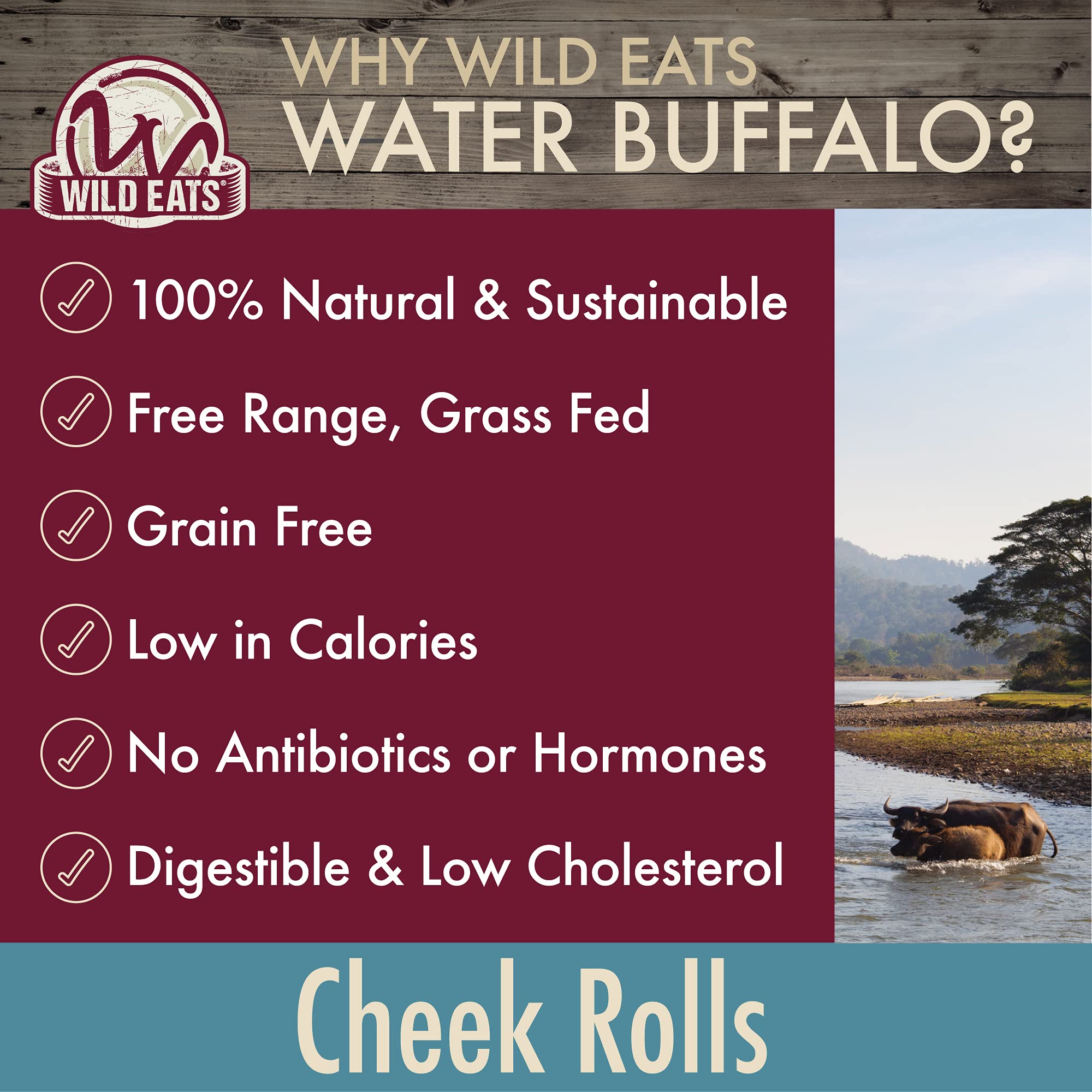 Wild Eats rollos de mejilla de búfalo-agua, masticables que promueven satisfacción prolongada.