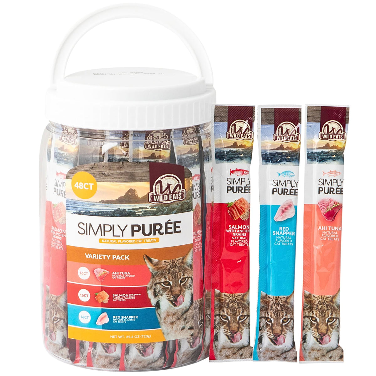 Wild Eats Simply Puree con atún Ahi, sabor natural que apoya la energía diaria del gato.