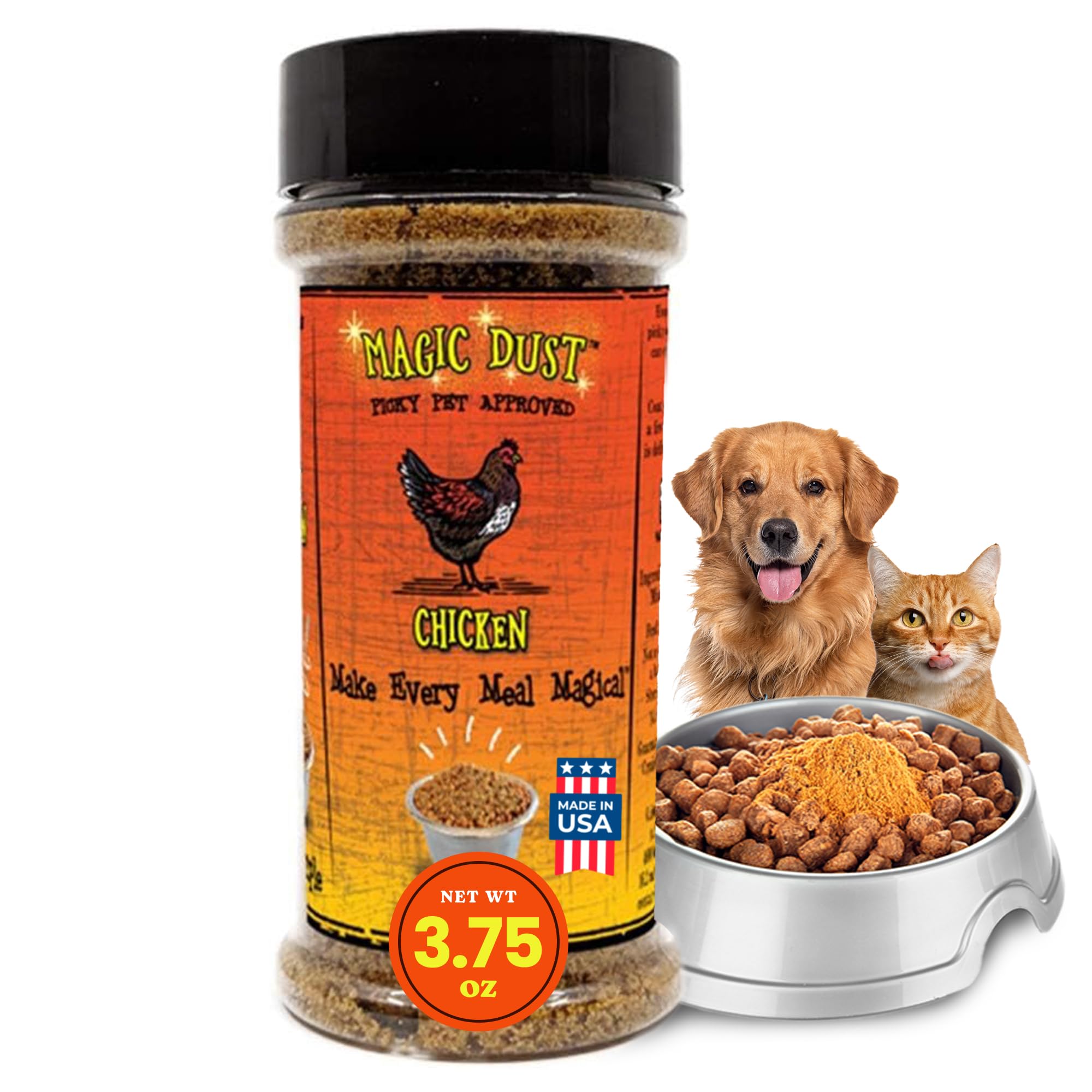 Botella de Magic Dust de Wild Meadow Farms con tiras de pollo deshidratadas para mascotas.