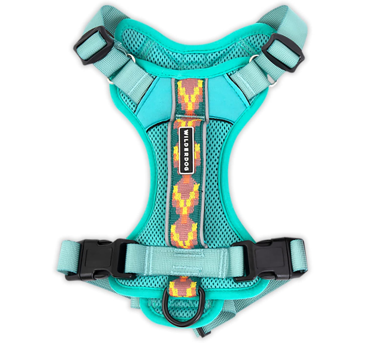 Arnés Wilderdog ligero en color aguamarina frente, paseos cómodos.