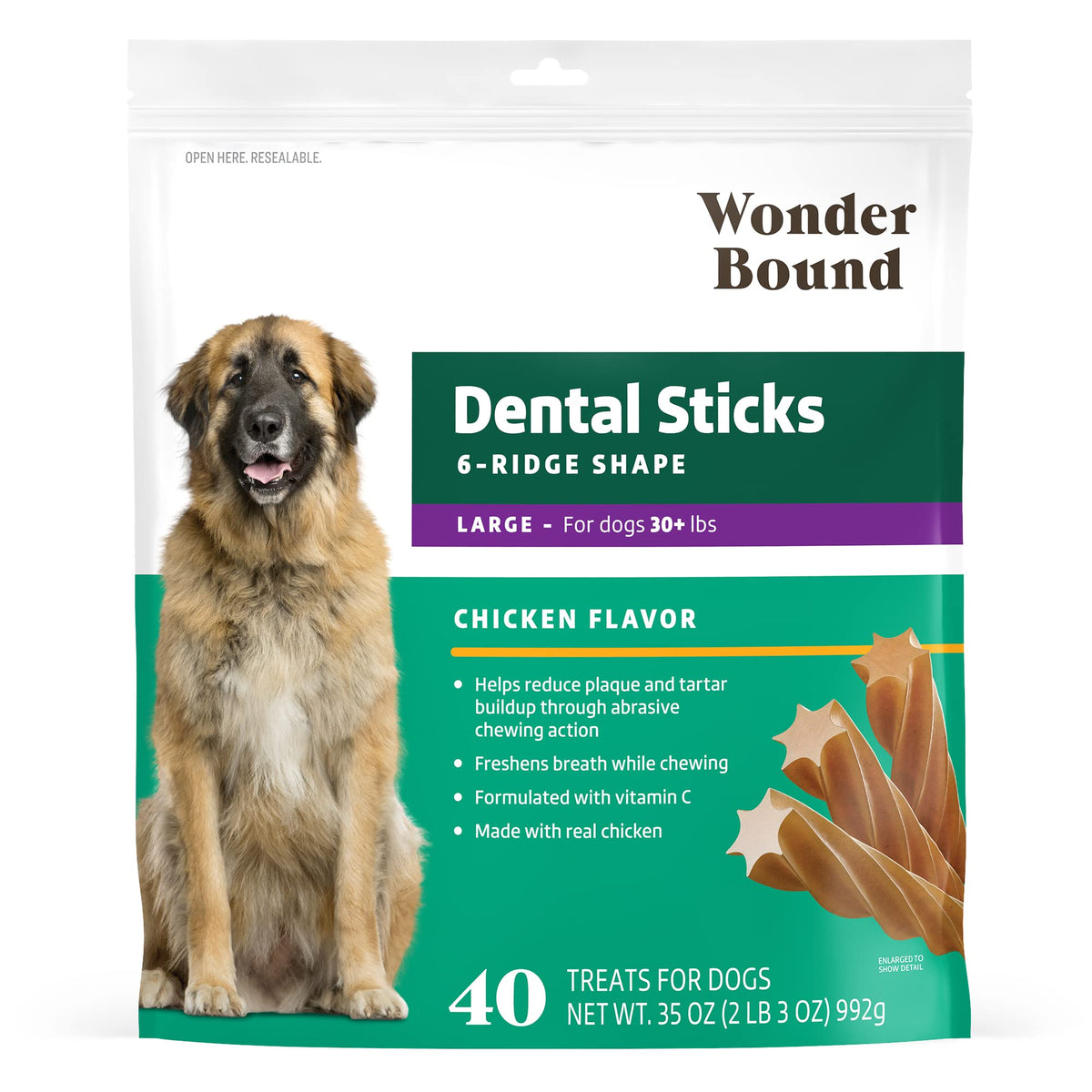 Wonder Bound bâtonnets dentaires poulet en emballage, idéal pour chien de grande taille