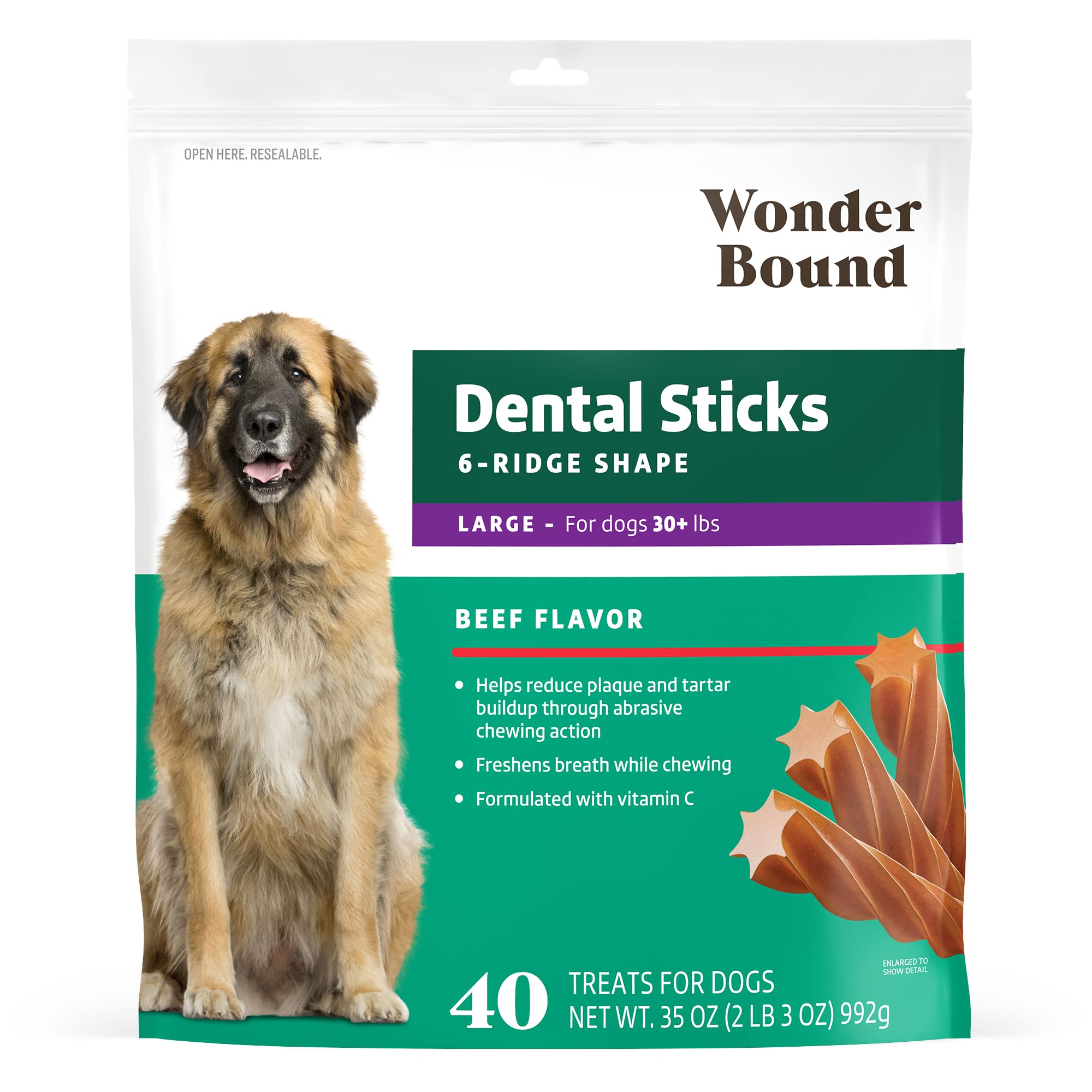 Wonder Bound bâtons dentaires au boeuf pour grands chiens, 6 crêtes pour nettoyer les dents.