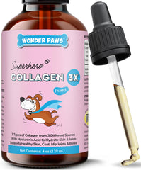 Wonder Paws Collagen para perros en botella con gotero para dosificación fácil.
