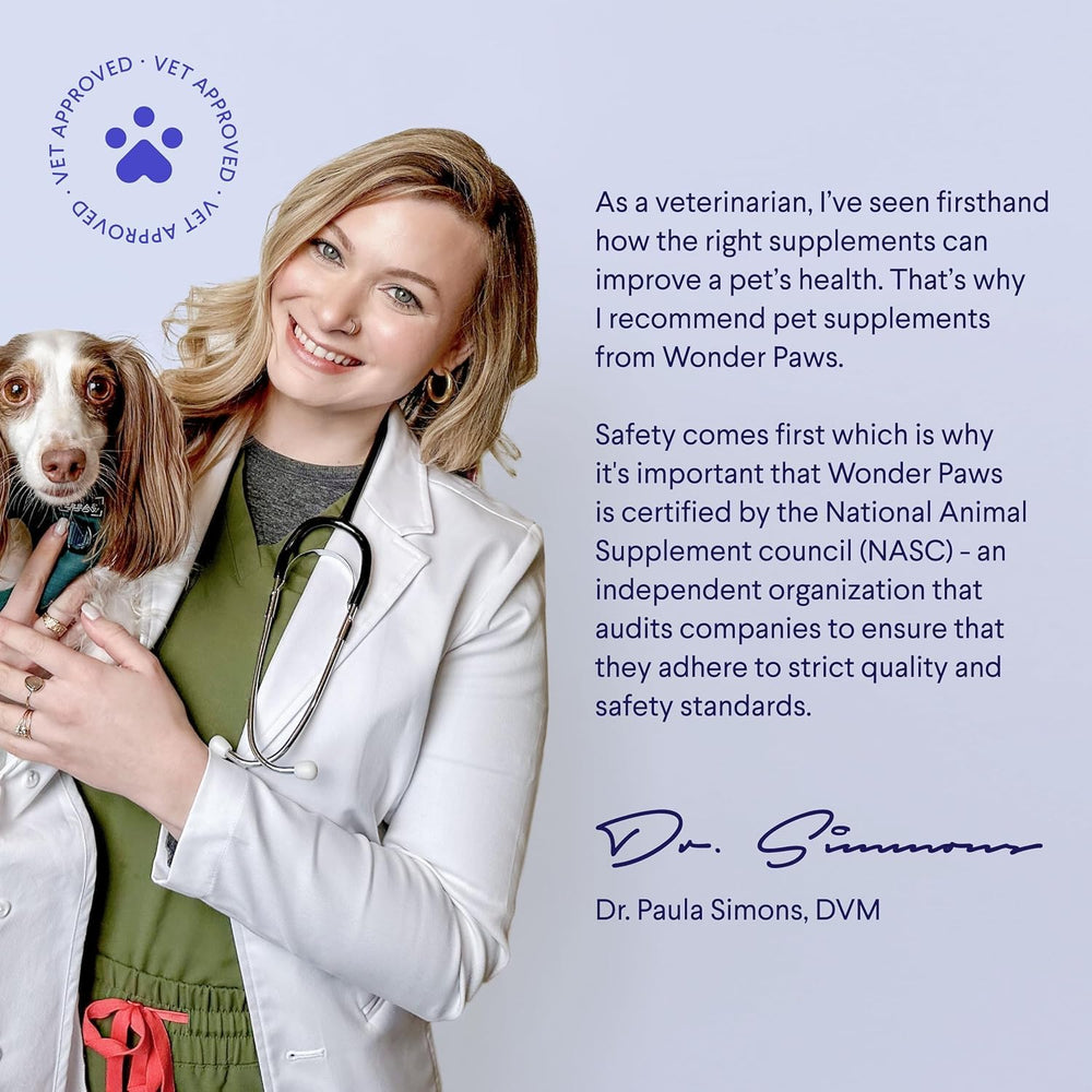Wonder Paws Collagen para perros, dosis de 600 mg por 2 gotas.