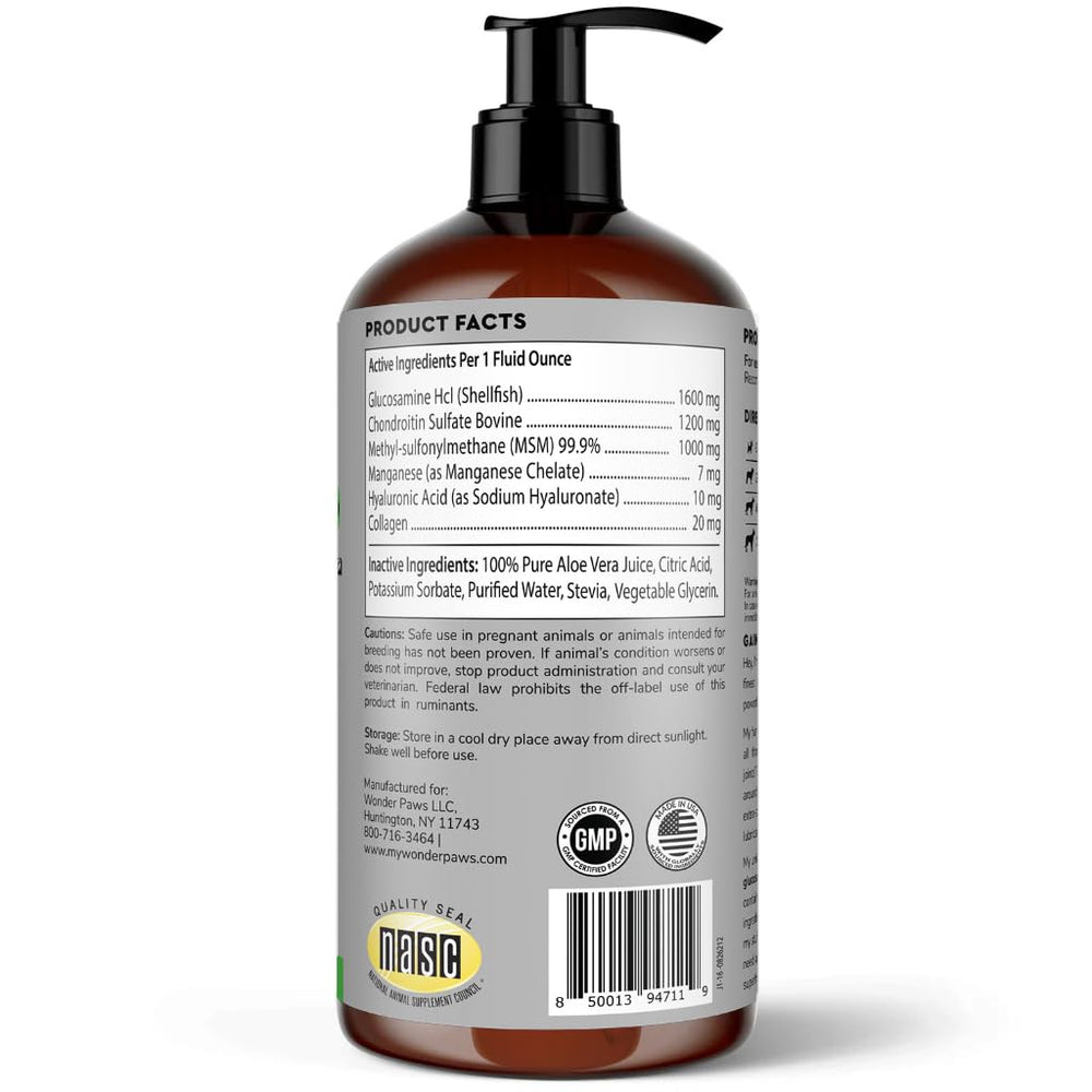 Wonder Paws etiqueta glucosamina para perros para articulaciones saludables.