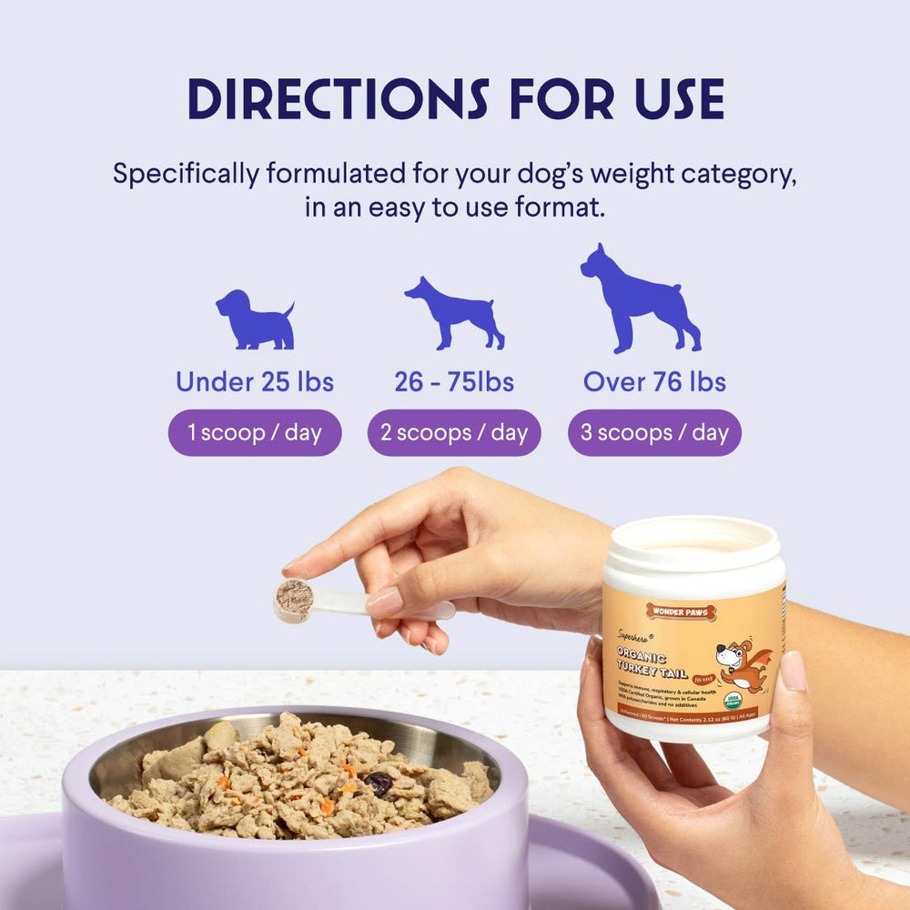 Wonder Paws hongo cola de pavo para perros, al añadir a la comida; podría apoyar la vitalidad diaria.