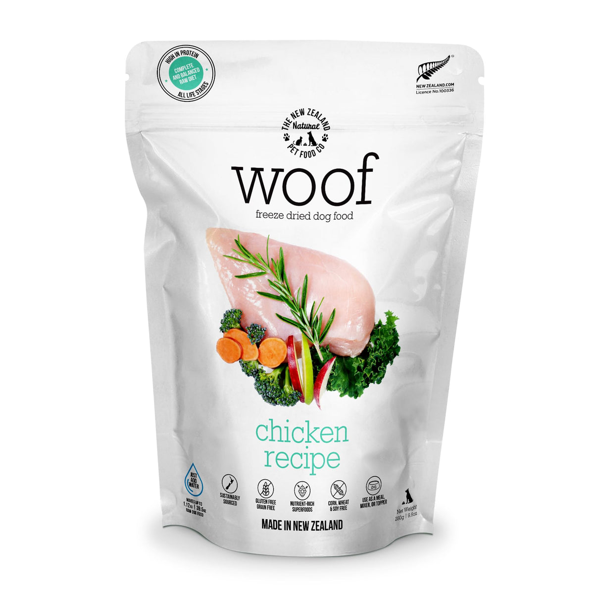 WOOF alimento para perros deshidratado de pollo, envase práctico para entrenamiento